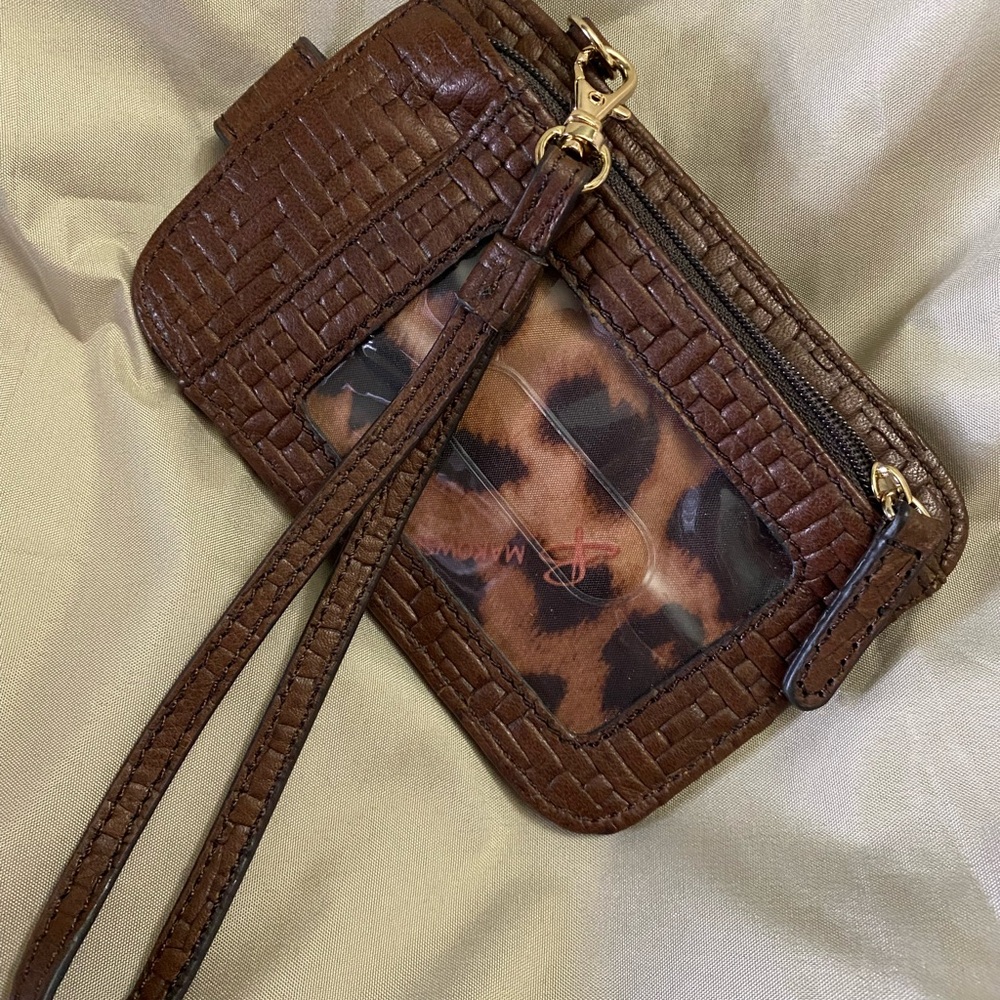 B. Makowsky Brown Leather Wristlet with Leopard Accent Leather wallet